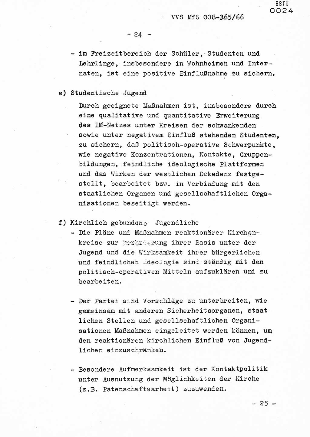 Dienstanweisung Nr. 4/66 zur politisch-operativen BekÃ¤mpfung der politisch-ideologischen Diversion und UntergrundtÃ¤tigkeit unter jugendlichen Personenkreisen in der DDR, Deutsche Demokratische Republik (DDR), Ministerium fÃ¼r Staatssicherheit (MfS), Der Minister (Generaloberst Erich Mielke), Vertrauliche VerschluÃŸsache (VVS) 365/66, Berlin 1966, Blatt 24 (DA 4/66 DDR MfS Min. VVS 365/66 1966, Bl. 24)