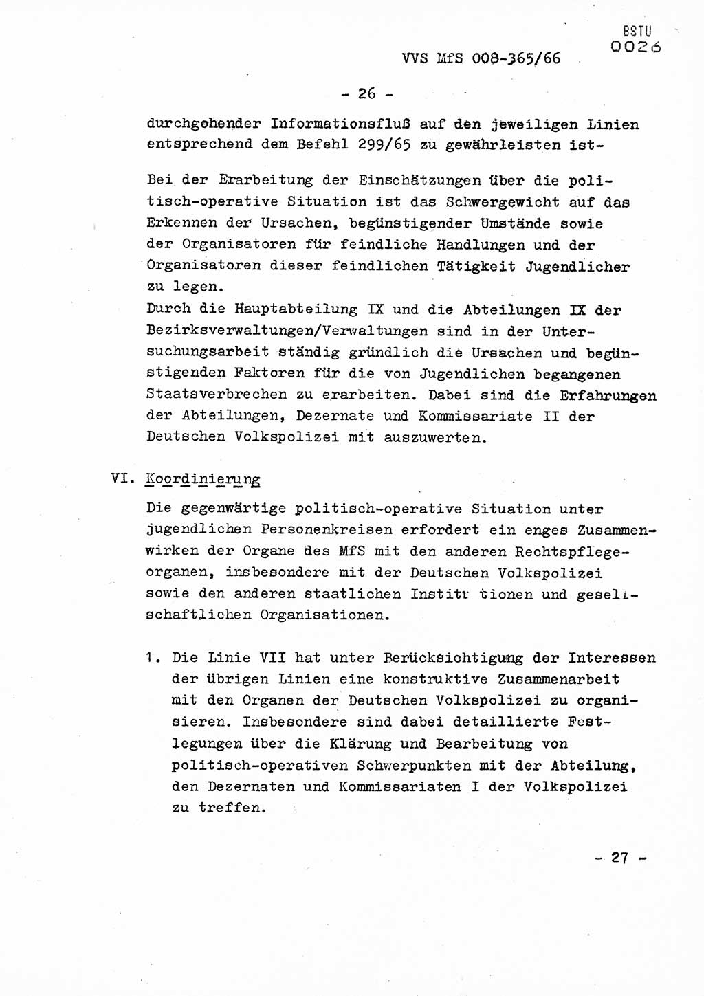 Dienstanweisung Nr. 4/66 zur politisch-operativen Bekämpfung der politisch-ideologischen Diversion und Untergrundtätigkeit unter jugendlichen Personenkreisen in der DDR, Deutsche Demokratische Republik (DDR), Ministerium für Staatssicherheit (MfS), Der Minister (Generaloberst Erich Mielke), Vertrauliche Verschlußsache (VVS) 365/66, Berlin 1966, Blatt 26 (DA 4/66 DDR MfS Min. VVS 365/66 1966, Bl. 26)