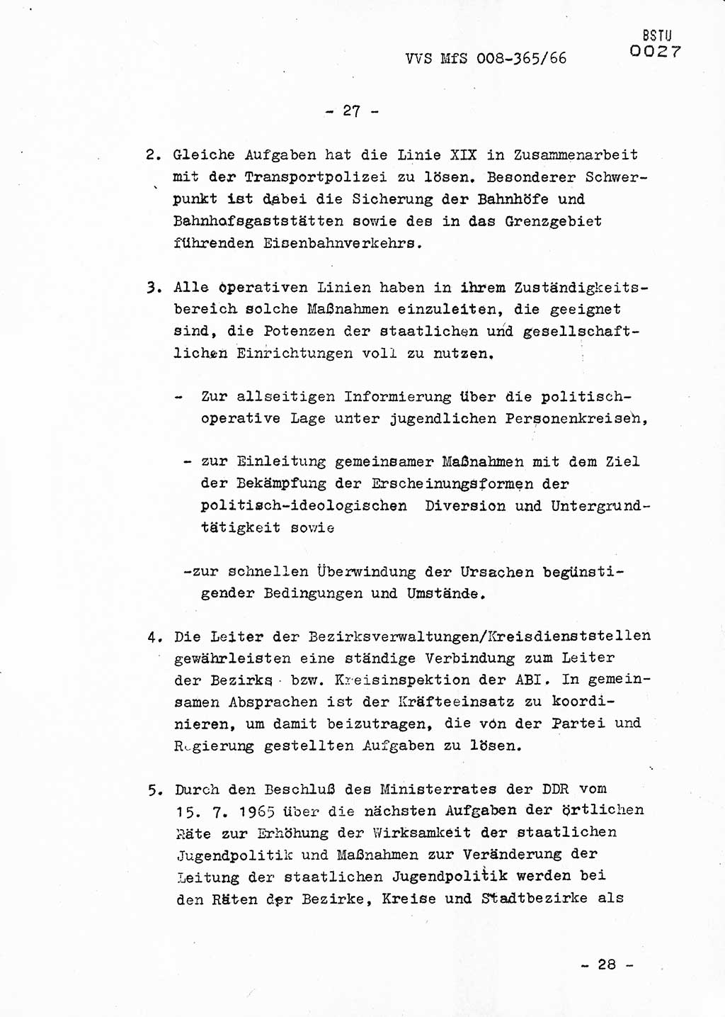 Dienstanweisung Nr. 4/66 zur politisch-operativen Bekämpfung der politisch-ideologischen Diversion und Untergrundtätigkeit unter jugendlichen Personenkreisen in der DDR, Deutsche Demokratische Republik (DDR), Ministerium für Staatssicherheit (MfS), Der Minister (Generaloberst Erich Mielke), Vertrauliche Verschlußsache (VVS) 365/66, Berlin 1966, Blatt 27 (DA 4/66 DDR MfS Min. VVS 365/66 1966, Bl. 27)