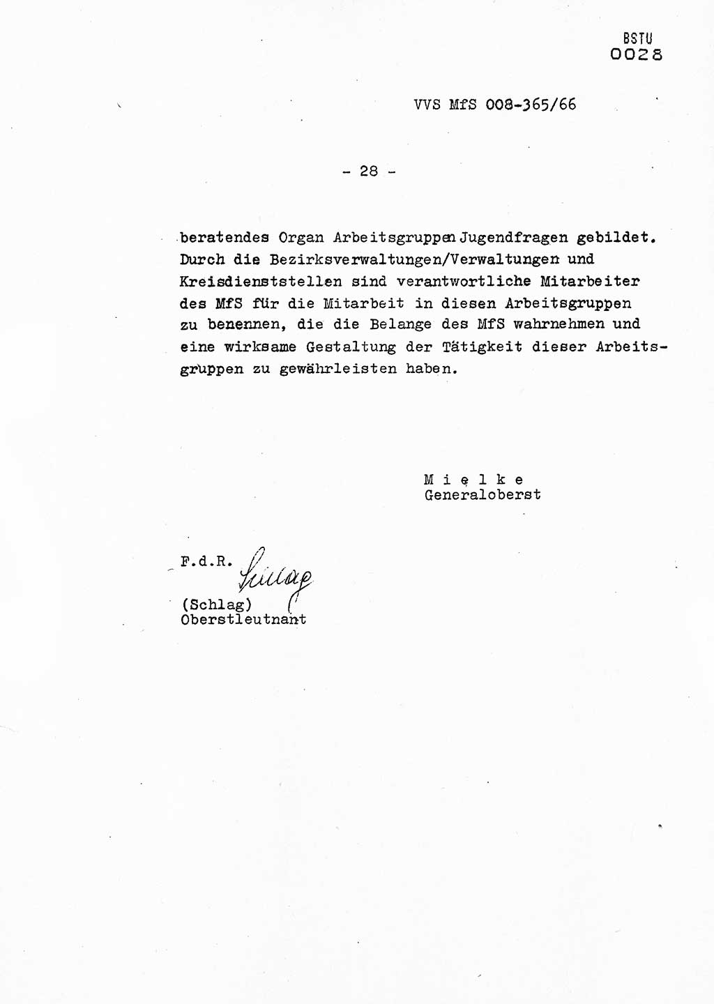 Dienstanweisung Nr. 4/66 zur politisch-operativen Bekämpfung der politisch-ideologischen Diversion und Untergrundtätigkeit unter jugendlichen Personenkreisen in der DDR, Deutsche Demokratische Republik (DDR), Ministerium für Staatssicherheit (MfS), Der Minister (Generaloberst Erich Mielke), Vertrauliche Verschlußsache (VVS) 365/66, Berlin 1966, Blatt 28 (DA 4/66 DDR MfS Min. VVS 365/66 1966, Bl. 28)