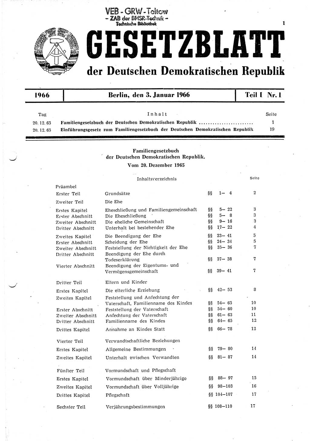 Gesetzblatt (GBl.) der Deutschen Demokratischen Republik (DDR) Teil Ⅰ 1966, Seite 1 (GBl. DDR Ⅰ 1966, S. 1)