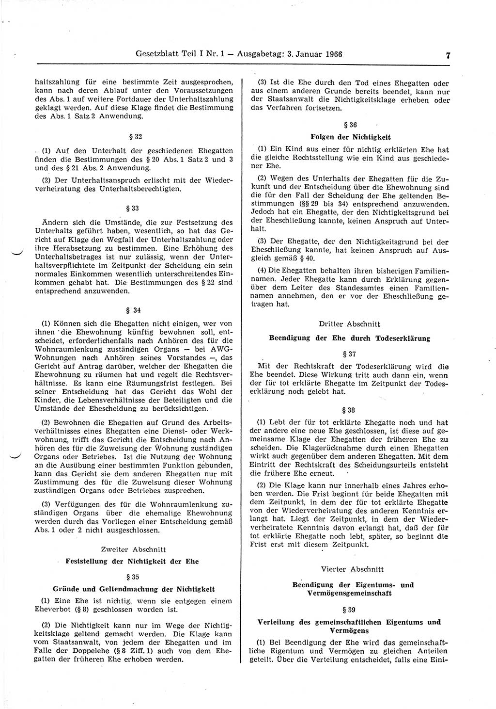 Gesetzblatt (GBl.) der Deutschen Demokratischen Republik (DDR) Teil Ⅰ 1966, Seite 7 (GBl. DDR Ⅰ 1966, S. 7)