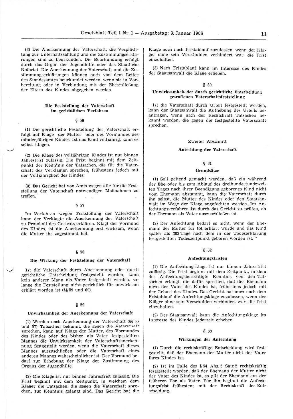 Gesetzblatt (GBl.) der Deutschen Demokratischen Republik (DDR) Teil Ⅰ 1966, Seite 11 (GBl. DDR Ⅰ 1966, S. 11)