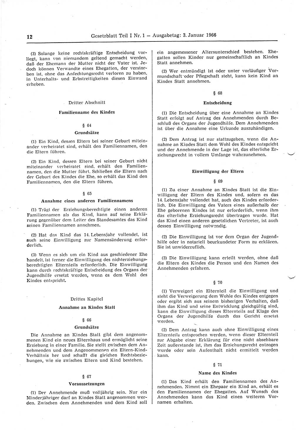 Gesetzblatt (GBl.) der Deutschen Demokratischen Republik (DDR) Teil Ⅰ 1966, Seite 12 (GBl. DDR Ⅰ 1966, S. 12)