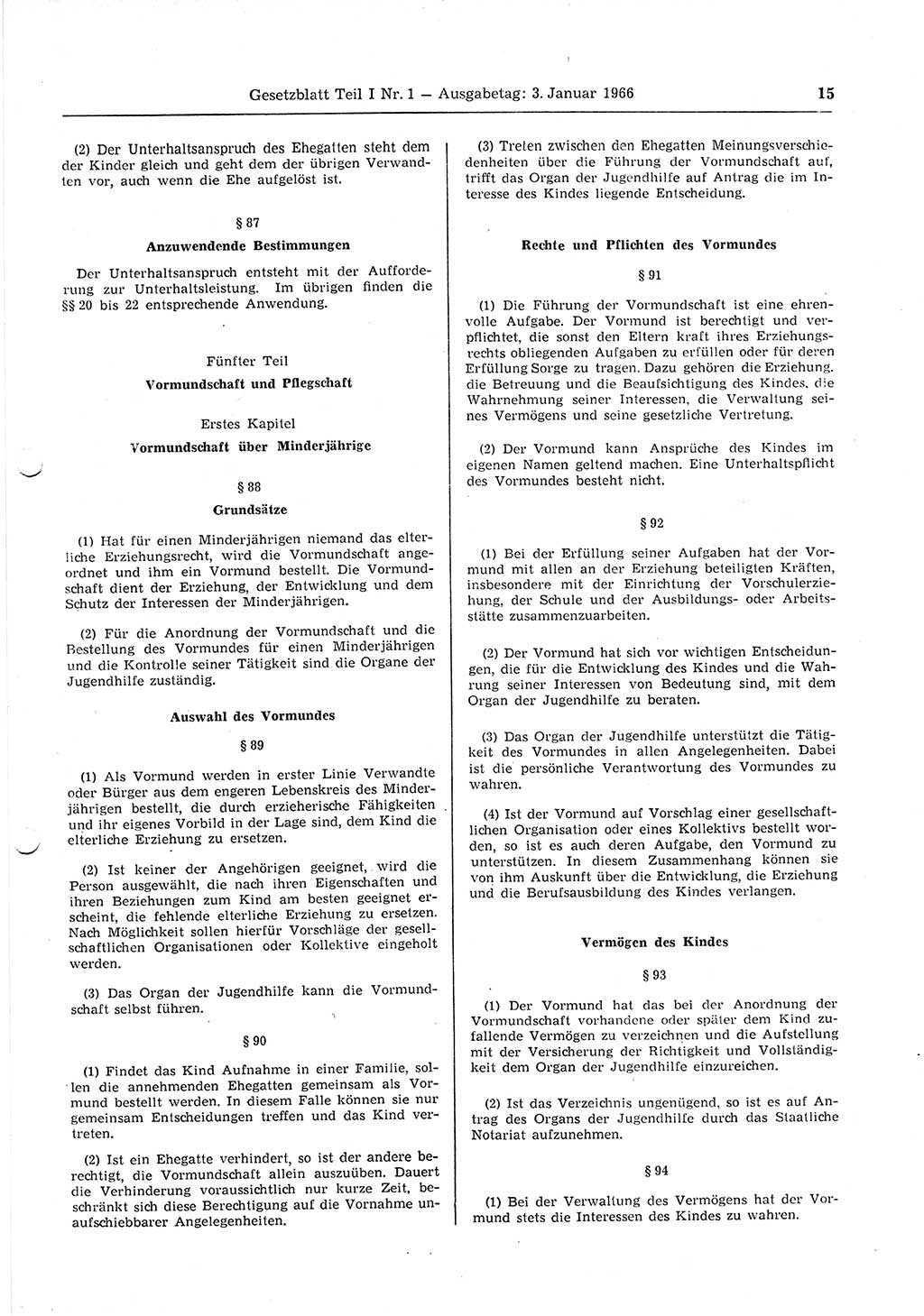 Gesetzblatt (GBl.) der Deutschen Demokratischen Republik (DDR) Teil Ⅰ 1966, Seite 15 (GBl. DDR Ⅰ 1966, S. 15)