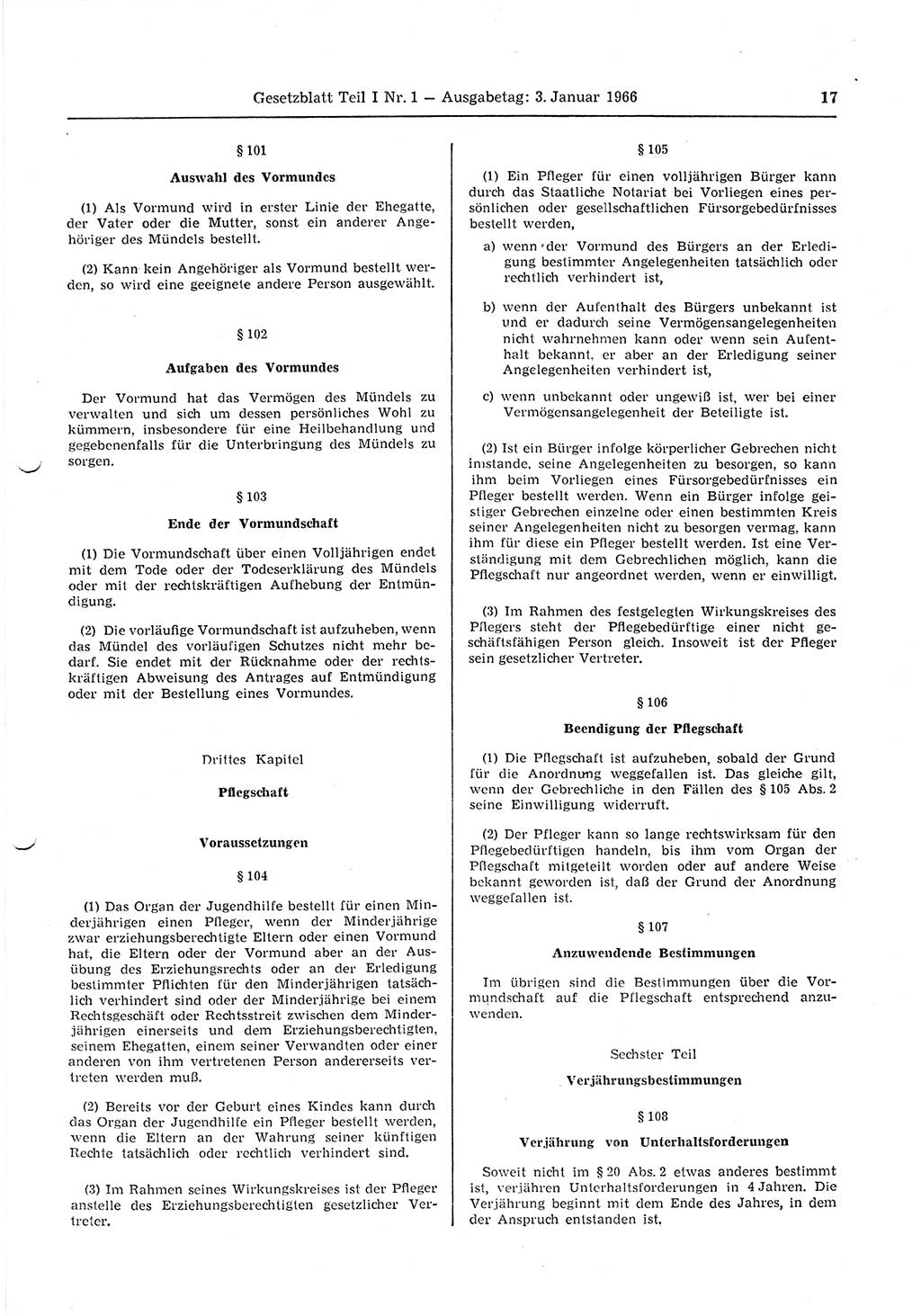 Gesetzblatt (GBl.) der Deutschen Demokratischen Republik (DDR) Teil Ⅰ 1966, Seite 17 (GBl. DDR Ⅰ 1966, S. 17)