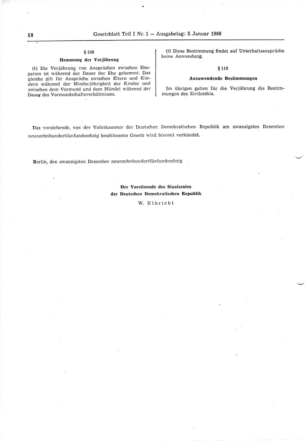 Gesetzblatt (GBl.) der Deutschen Demokratischen Republik (DDR) Teil Ⅰ 1966, Seite 18 (GBl. DDR Ⅰ 1966, S. 18)