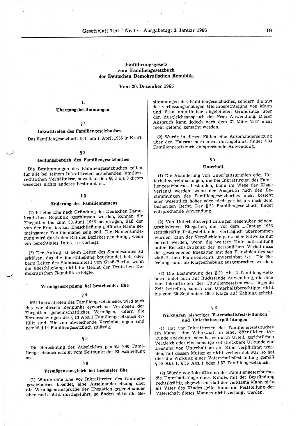 Gesetzblatt (GBl.) der Deutschen Demokratischen Republik (DDR) Teil Ⅰ 1966, Seite 19 (GBl. DDR Ⅰ 1966, S. 19)
