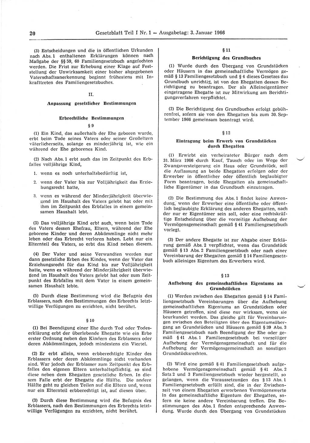 Gesetzblatt (GBl.) der Deutschen Demokratischen Republik (DDR) Teil Ⅰ 1966, Seite 20 (GBl. DDR Ⅰ 1966, S. 20)