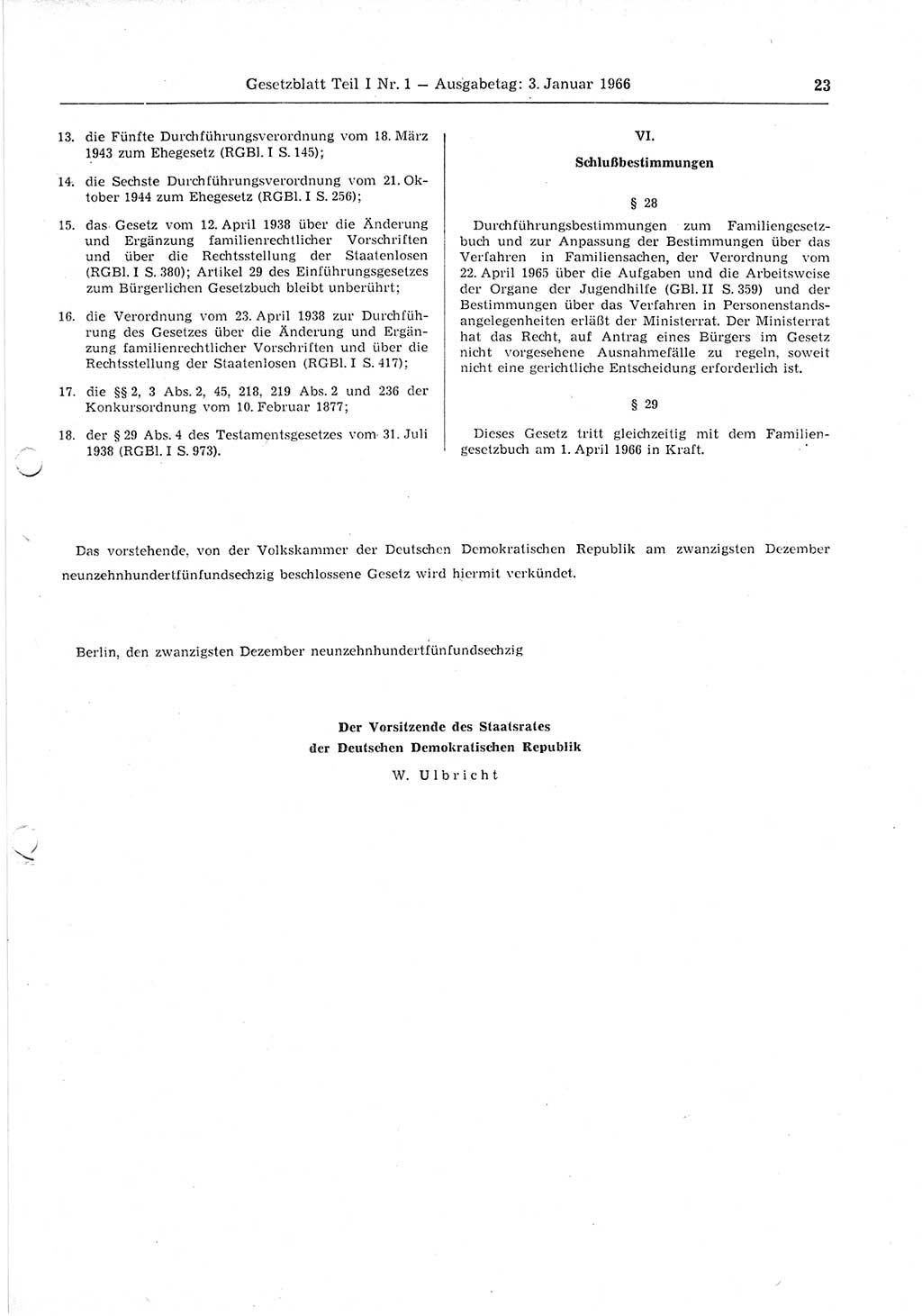 Gesetzblatt (GBl.) der Deutschen Demokratischen Republik (DDR) Teil Ⅰ 1966, Seite 23 (GBl. DDR Ⅰ 1966, S. 23)