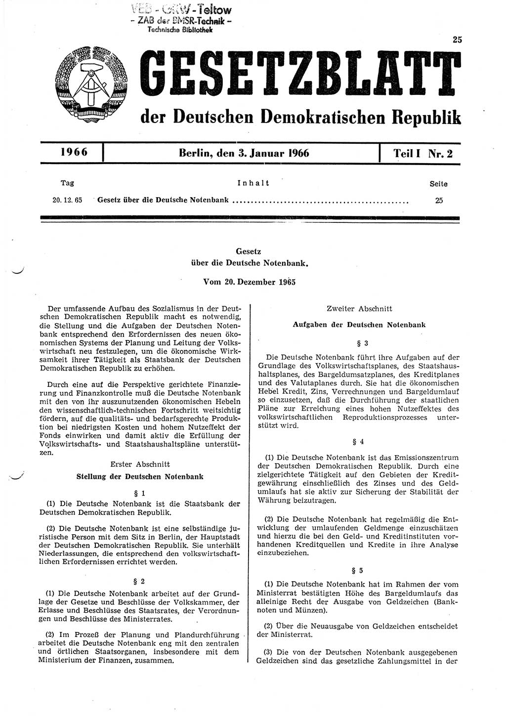 Gesetzblatt (GBl.) der Deutschen Demokratischen Republik (DDR) Teil Ⅰ 1966, Seite 25 (GBl. DDR Ⅰ 1966, S. 25)