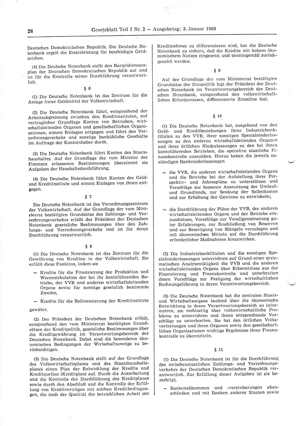 Gesetzblatt (GBl.) der Deutschen Demokratischen Republik (DDR) Teil Ⅰ 1966, Seite 26 (GBl. DDR Ⅰ 1966, S. 26)
