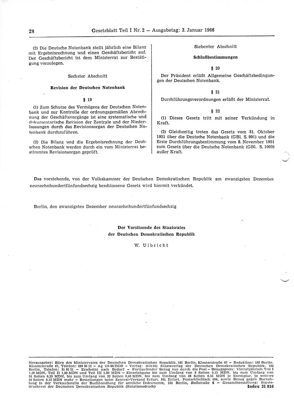 Gesetzblatt (GBl.) der Deutschen Demokratischen Republik (DDR) Teil Ⅰ 1966, Seite 28 (GBl. DDR Ⅰ 1966, S. 28)