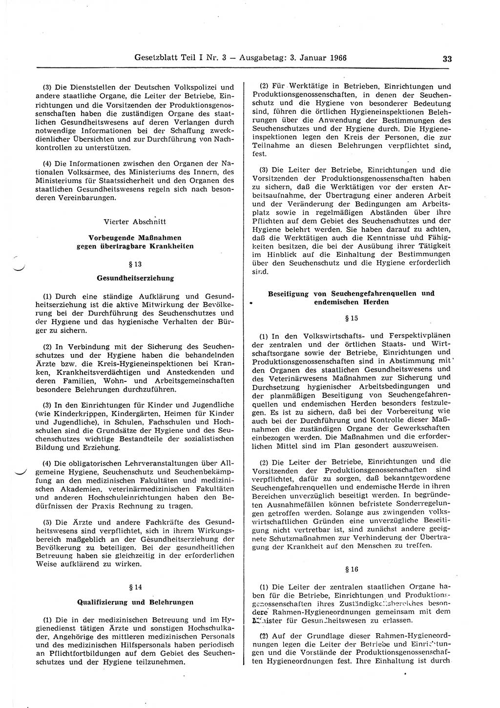 Gesetzblatt (GBl.) der Deutschen Demokratischen Republik (DDR) Teil Ⅰ 1966, Seite 33 (GBl. DDR Ⅰ 1966, S. 33)