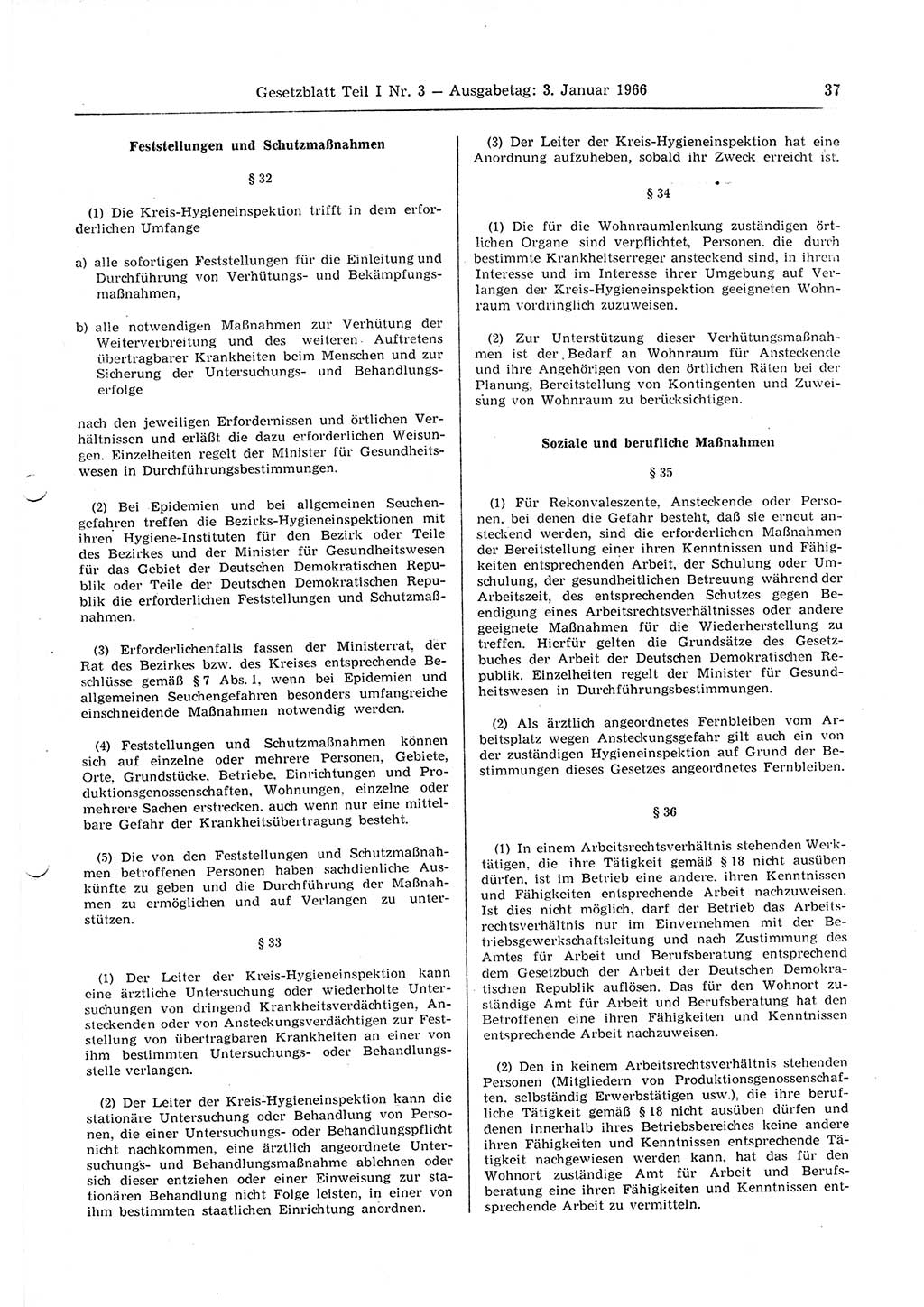 Gesetzblatt (GBl.) der Deutschen Demokratischen Republik (DDR) Teil Ⅰ 1966, Seite 37 (GBl. DDR Ⅰ 1966, S. 37)