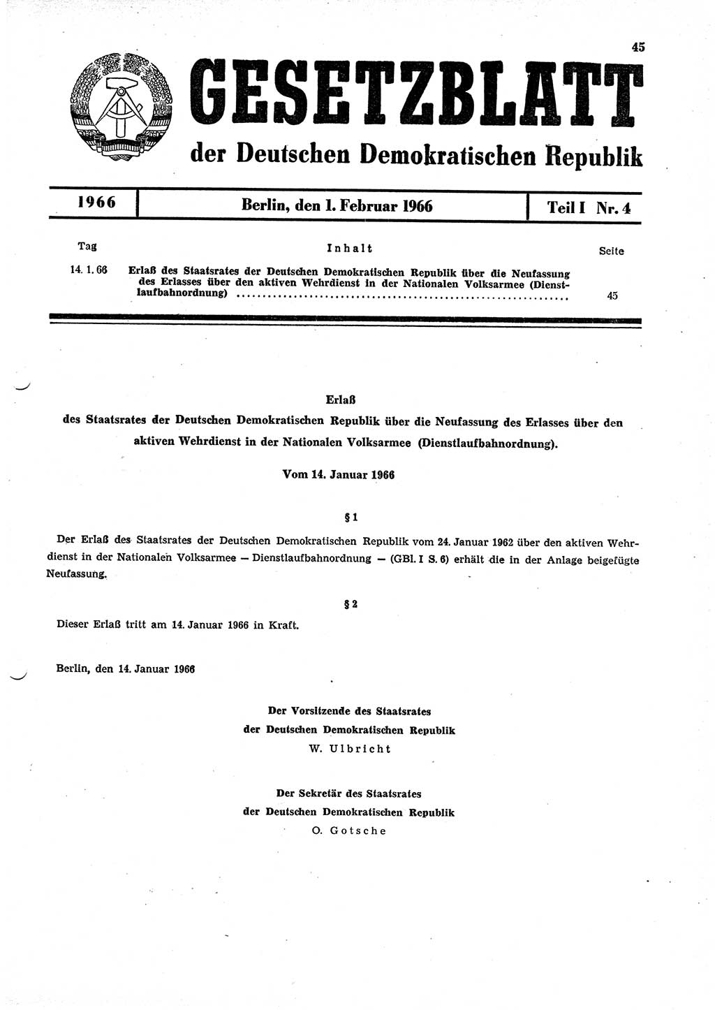 Gesetzblatt (GBl.) der Deutschen Demokratischen Republik (DDR) Teil Ⅰ 1966, Seite 45 (GBl. DDR Ⅰ 1966, S. 45)