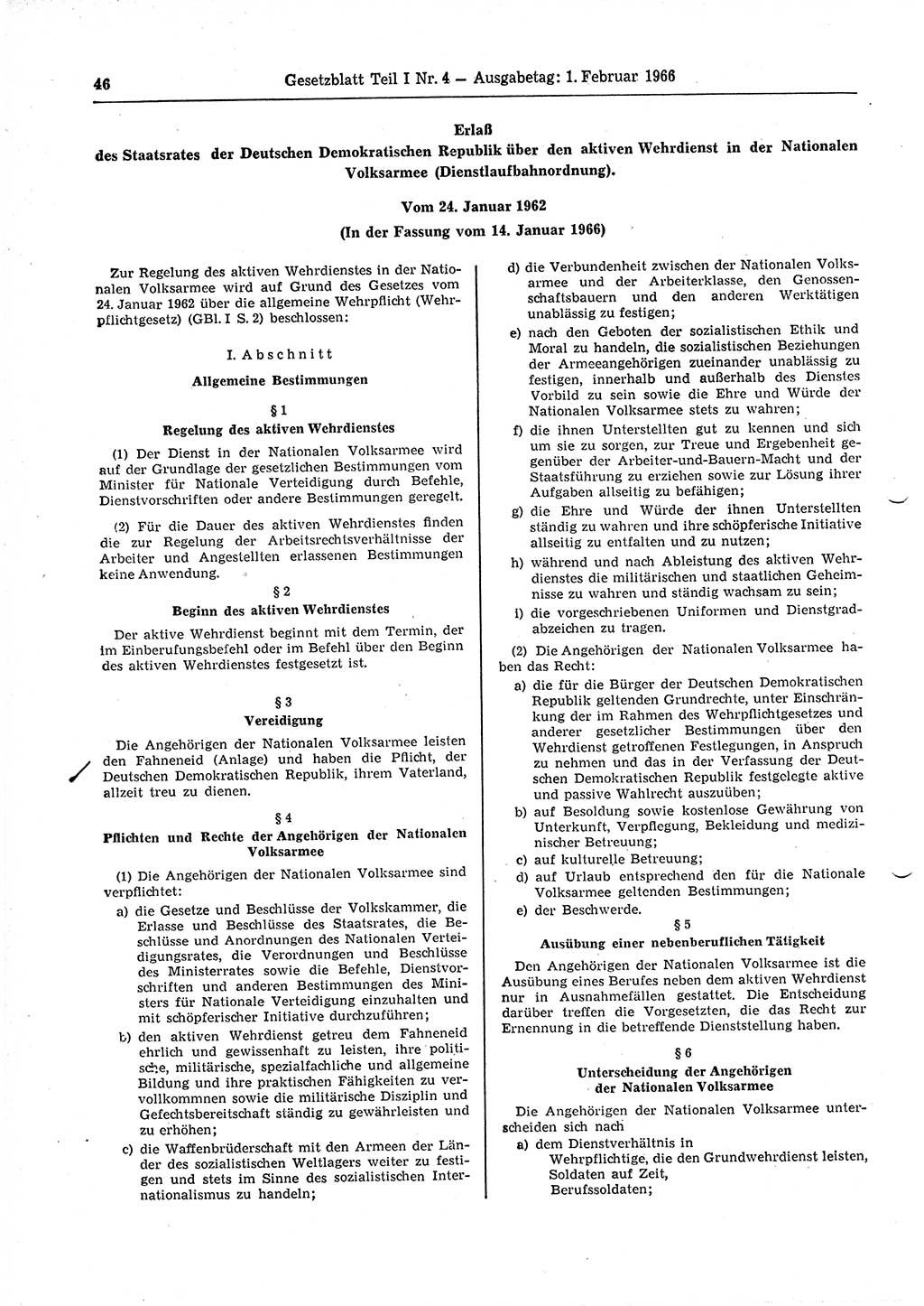 Gesetzblatt (GBl.) der Deutschen Demokratischen Republik (DDR) Teil Ⅰ 1966, Seite 46 (GBl. DDR Ⅰ 1966, S. 46)