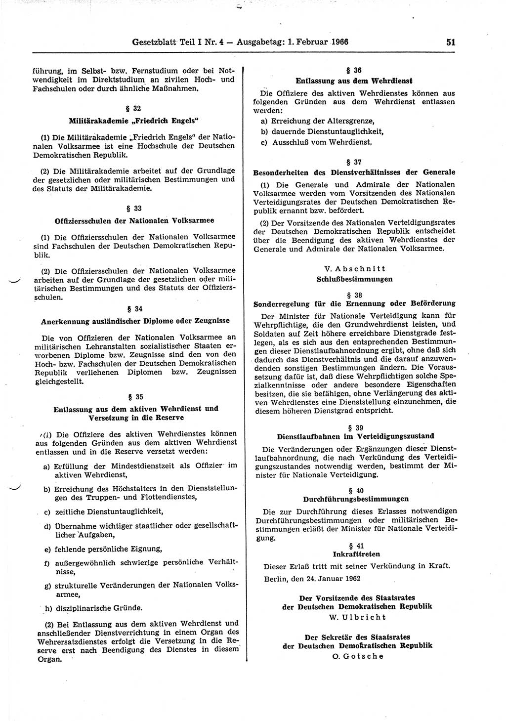 Gesetzblatt (GBl.) der Deutschen Demokratischen Republik (DDR) Teil Ⅰ 1966, Seite 51 (GBl. DDR Ⅰ 1966, S. 51)