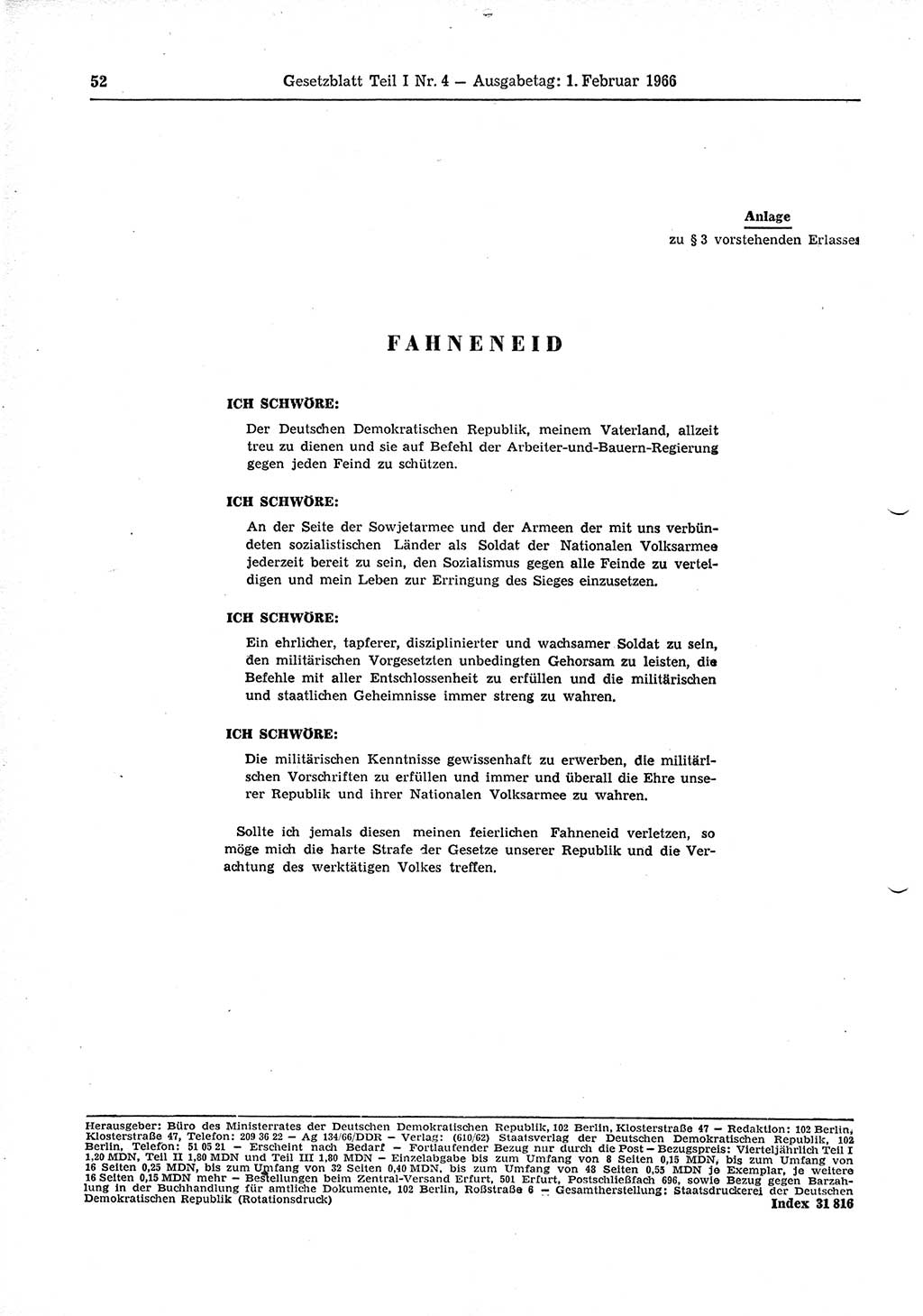 Gesetzblatt (GBl.) der Deutschen Demokratischen Republik (DDR) Teil Ⅰ 1966, Seite 52 (GBl. DDR Ⅰ 1966, S. 52)