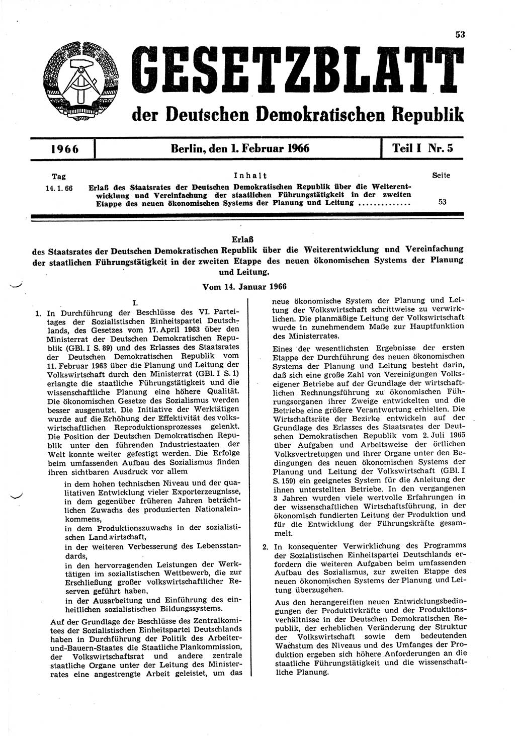Gesetzblatt (GBl.) der Deutschen Demokratischen Republik (DDR) Teil Ⅰ 1966, Seite 53 (GBl. DDR Ⅰ 1966, S. 53)
