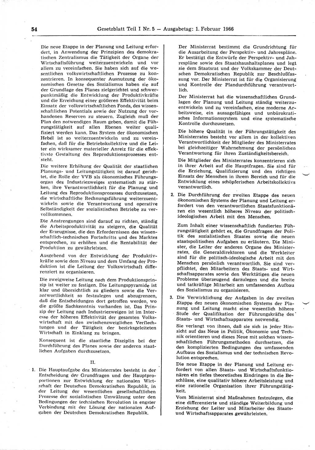 Gesetzblatt (GBl.) der Deutschen Demokratischen Republik (DDR) Teil Ⅰ 1966, Seite 54 (GBl. DDR Ⅰ 1966, S. 54)