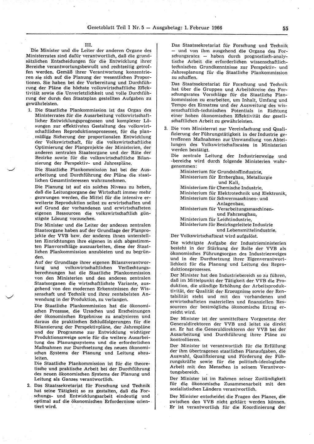 Gesetzblatt (GBl.) der Deutschen Demokratischen Republik (DDR) Teil Ⅰ 1966, Seite 55 (GBl. DDR Ⅰ 1966, S. 55)