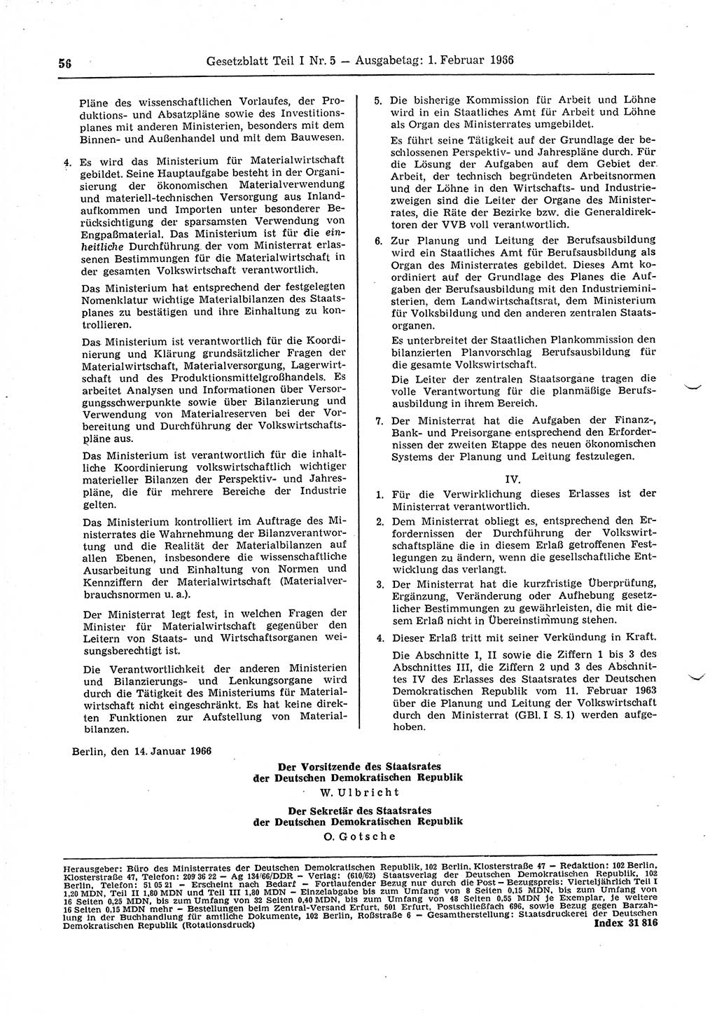 Gesetzblatt (GBl.) der Deutschen Demokratischen Republik (DDR) Teil Ⅰ 1966, Seite 56 (GBl. DDR Ⅰ 1966, S. 56)