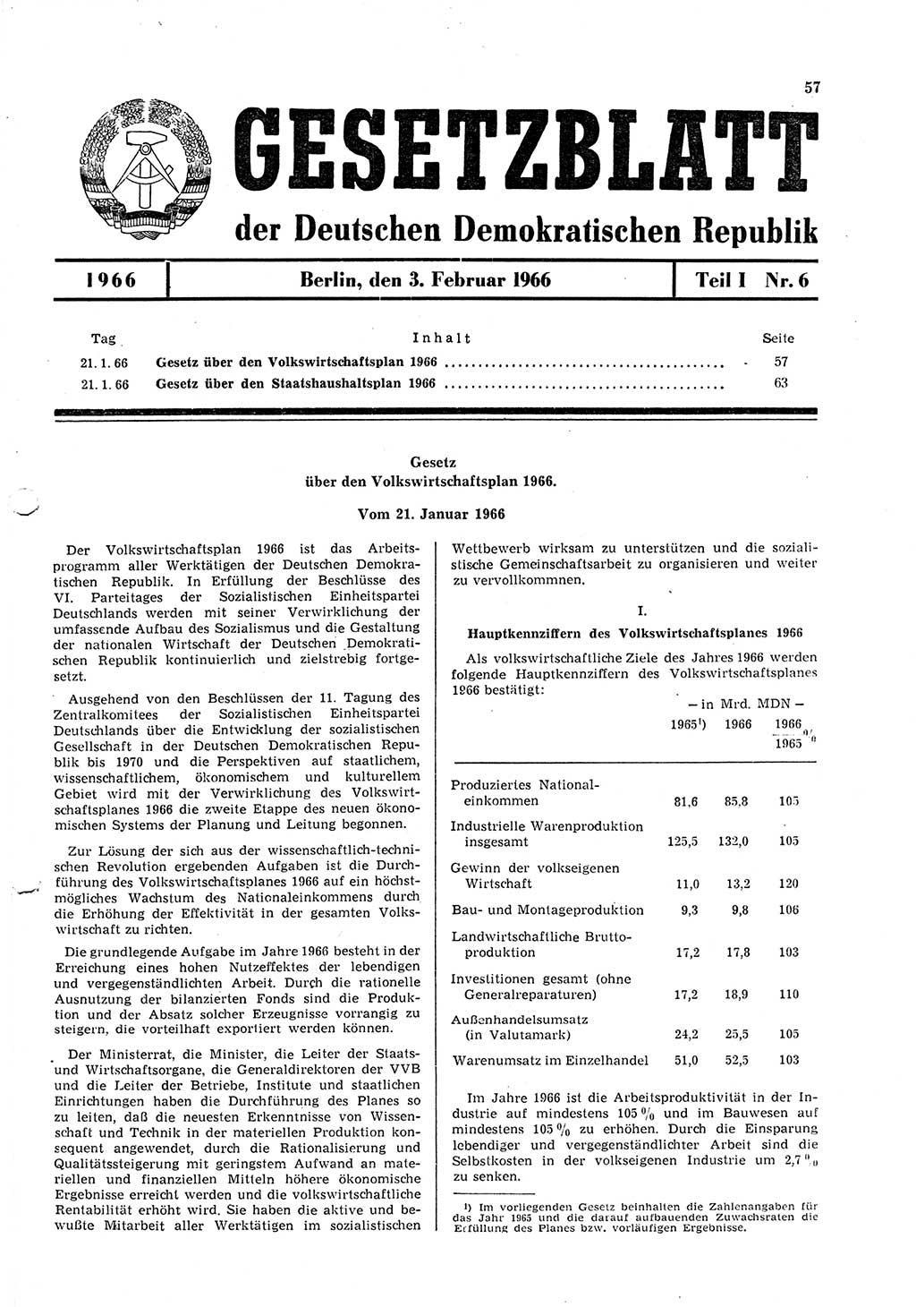 Gesetzblatt (GBl.) der Deutschen Demokratischen Republik (DDR) Teil Ⅰ 1966, Seite 57 (GBl. DDR Ⅰ 1966, S. 57)
