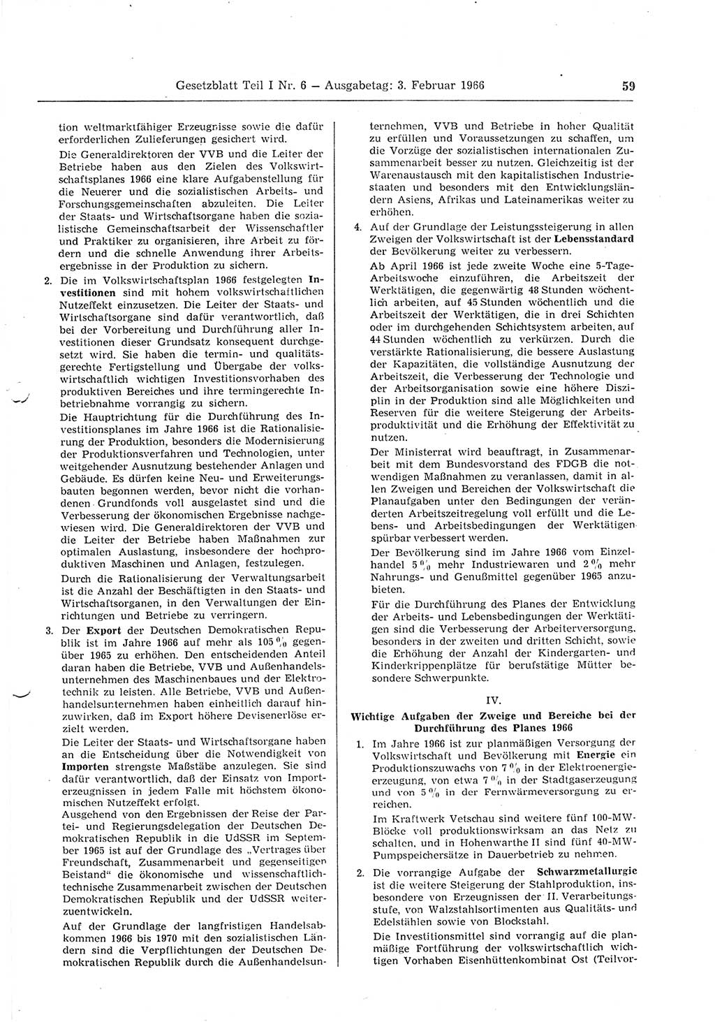 Gesetzblatt (GBl.) der Deutschen Demokratischen Republik (DDR) Teil Ⅰ 1966, Seite 59 (GBl. DDR Ⅰ 1966, S. 59)