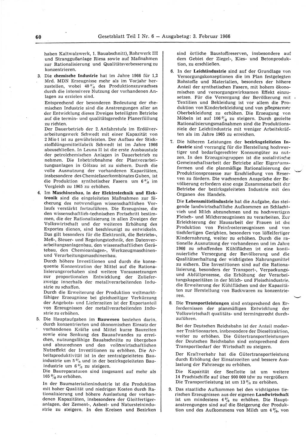 Gesetzblatt (GBl.) der Deutschen Demokratischen Republik (DDR) Teil Ⅰ 1966, Seite 60 (GBl. DDR Ⅰ 1966, S. 60)