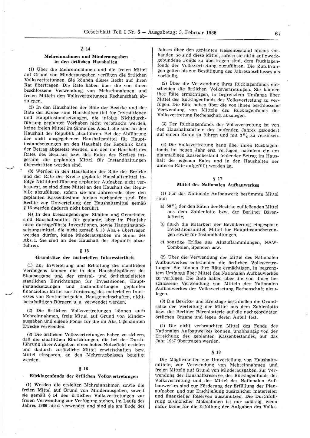Gesetzblatt (GBl.) der Deutschen Demokratischen Republik (DDR) Teil Ⅰ 1966, Seite 67 (GBl. DDR Ⅰ 1966, S. 67)