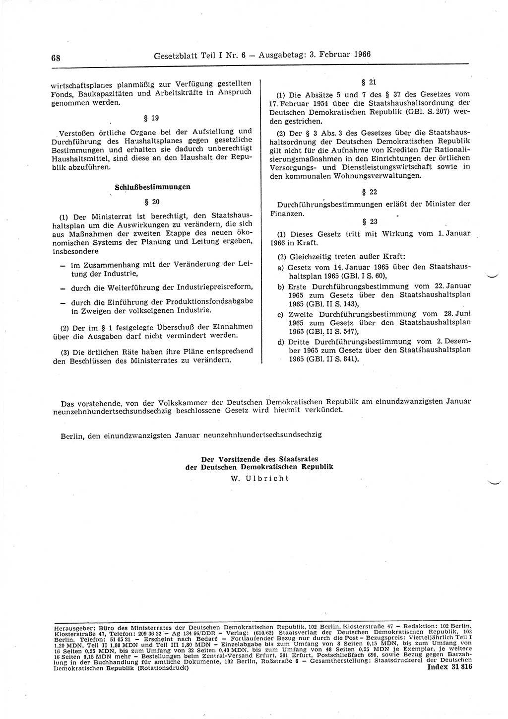 Gesetzblatt (GBl.) der Deutschen Demokratischen Republik (DDR) Teil Ⅰ 1966, Seite 68 (GBl. DDR Ⅰ 1966, S. 68)