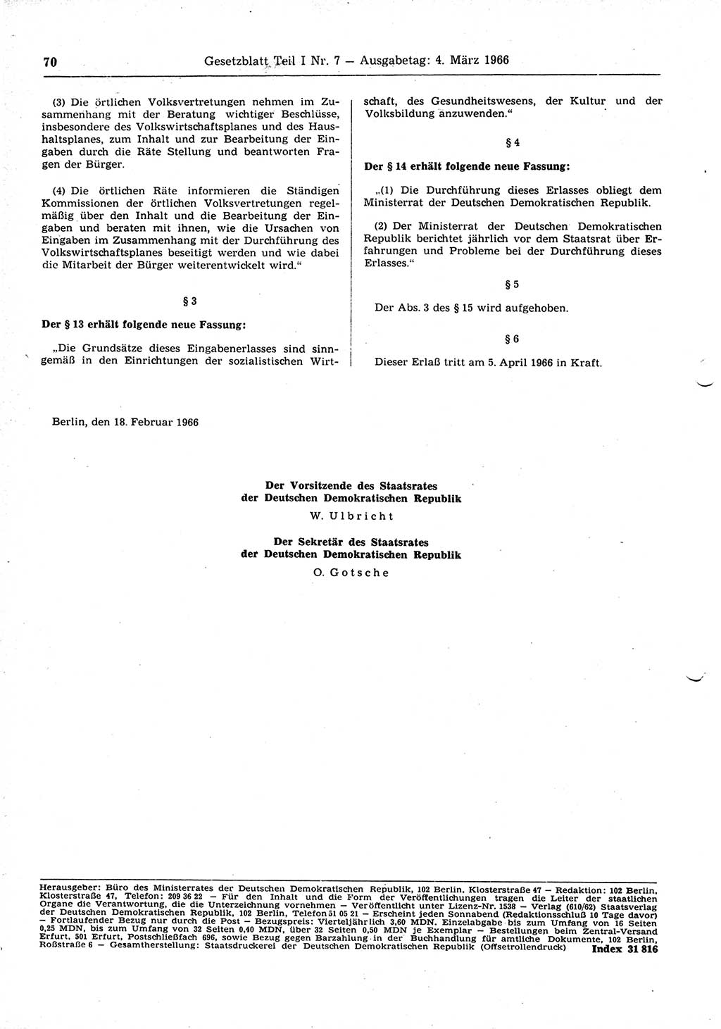 Gesetzblatt (GBl.) der Deutschen Demokratischen Republik (DDR) Teil Ⅰ 1966, Seite 70 (GBl. DDR Ⅰ 1966, S. 70)