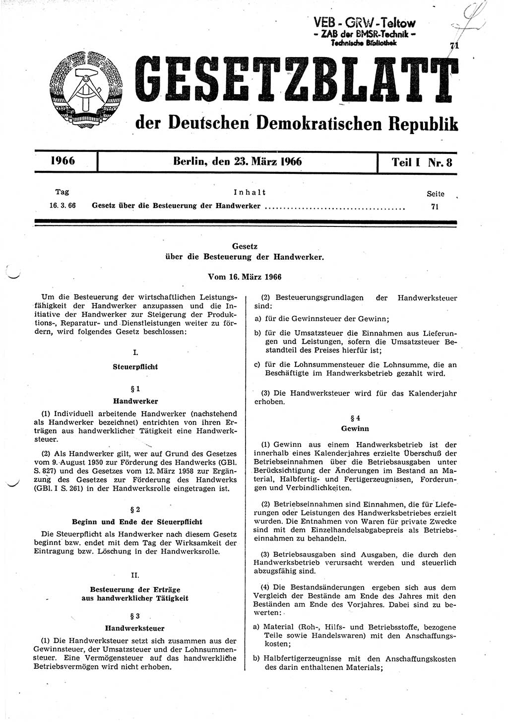 Gesetzblatt (GBl.) der Deutschen Demokratischen Republik (DDR) Teil Ⅰ 1966, Seite 71 (GBl. DDR Ⅰ 1966, S. 71)