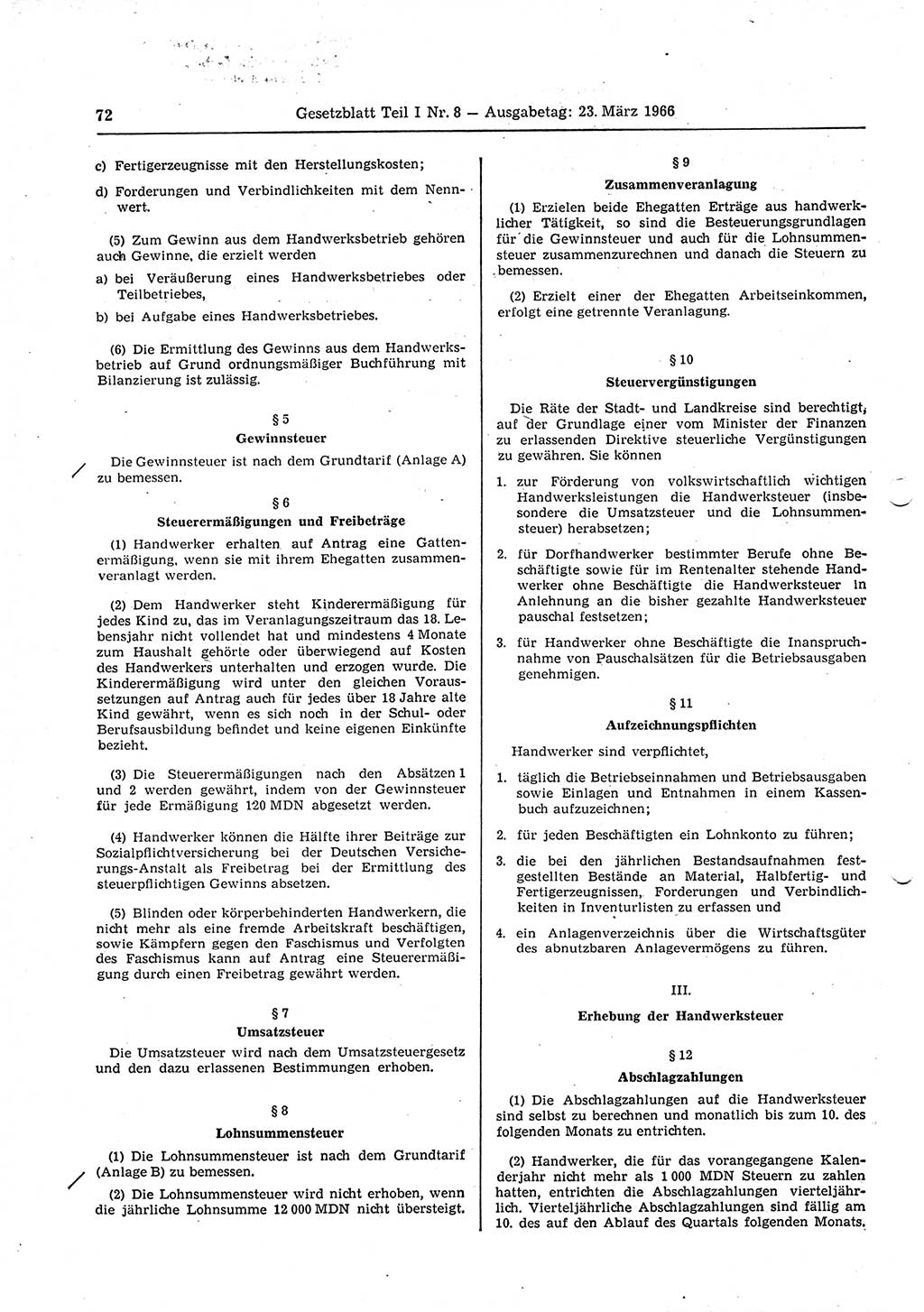 Gesetzblatt (GBl.) der Deutschen Demokratischen Republik (DDR) Teil Ⅰ 1966, Seite 72 (GBl. DDR Ⅰ 1966, S. 72)
