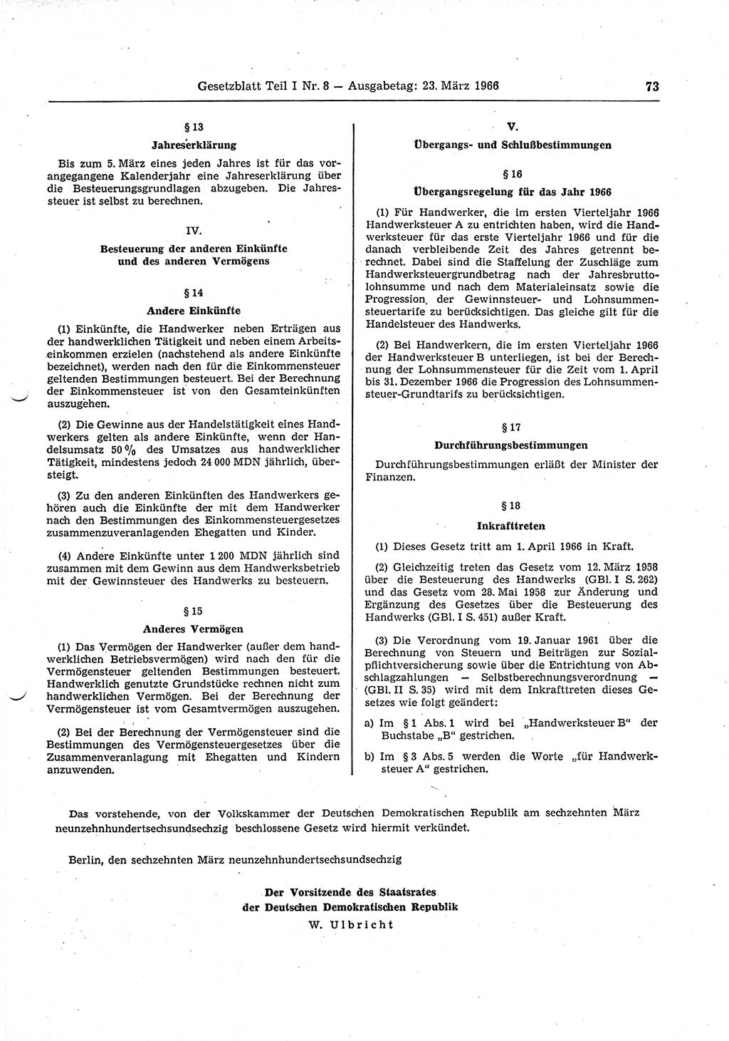 Gesetzblatt (GBl.) der Deutschen Demokratischen Republik (DDR) Teil Ⅰ 1966, Seite 73 (GBl. DDR Ⅰ 1966, S. 73)