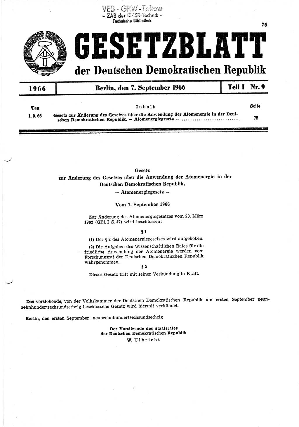 Gesetzblatt (GBl.) der Deutschen Demokratischen Republik (DDR) Teil Ⅰ 1966, Seite 75 (GBl. DDR Ⅰ 1966, S. 75)