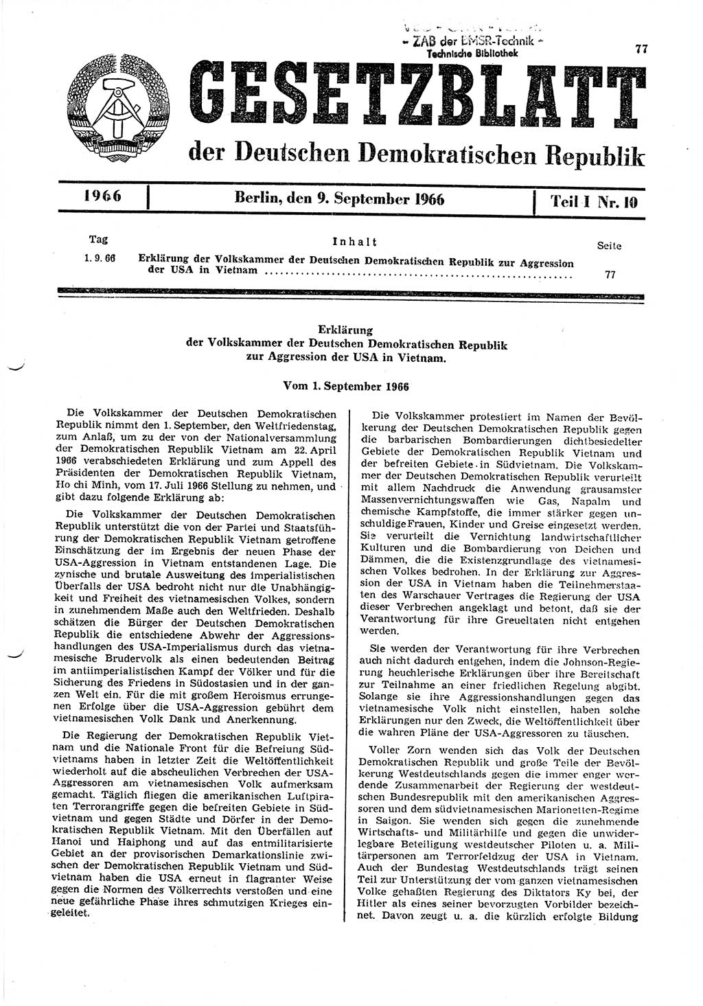Gesetzblatt (GBl.) der Deutschen Demokratischen Republik (DDR) Teil Ⅰ 1966, Seite 77 (GBl. DDR Ⅰ 1966, S. 77)