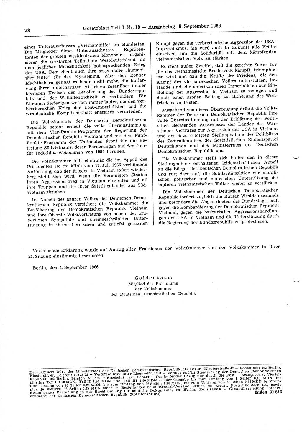 Gesetzblatt (GBl.) der Deutschen Demokratischen Republik (DDR) Teil Ⅰ 1966, Seite 78 (GBl. DDR Ⅰ 1966, S. 78)