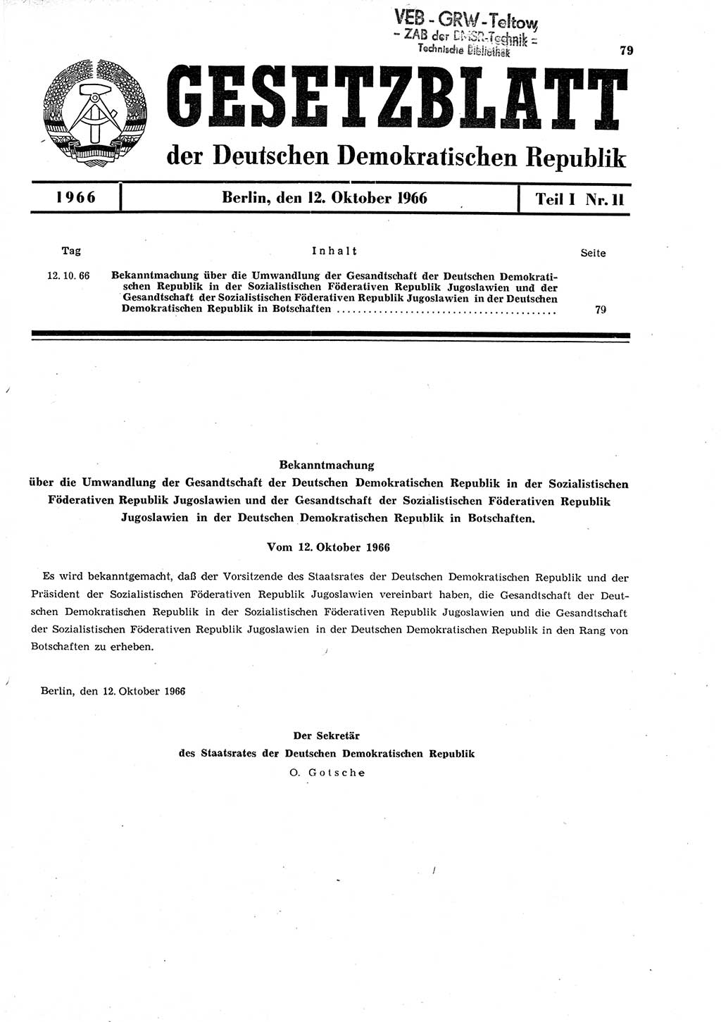 Gesetzblatt (GBl.) der Deutschen Demokratischen Republik (DDR) Teil Ⅰ 1966, Seite 79 (GBl. DDR Ⅰ 1966, S. 79)
