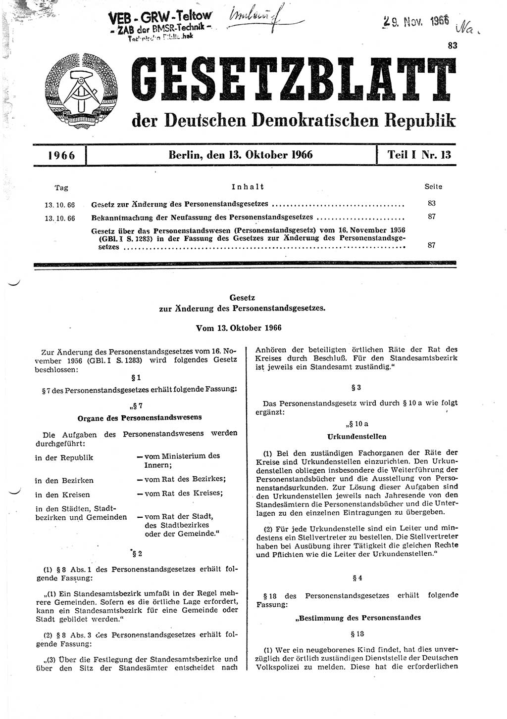 Gesetzblatt (GBl.) der Deutschen Demokratischen Republik (DDR) Teil Ⅰ 1966, Seite 83 (GBl. DDR Ⅰ 1966, S. 83)