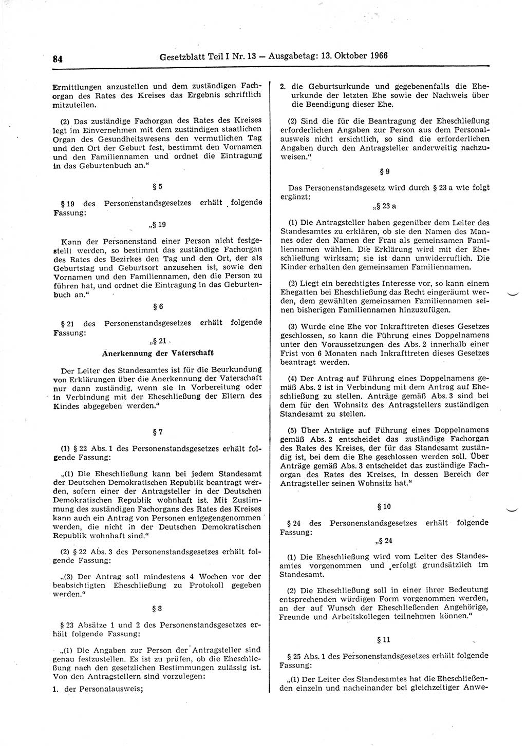 Gesetzblatt (GBl.) der Deutschen Demokratischen Republik (DDR) Teil Ⅰ 1966, Seite 84 (GBl. DDR Ⅰ 1966, S. 84)