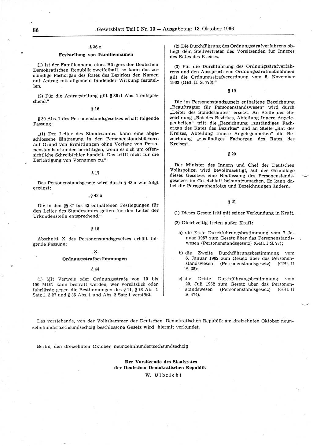 Gesetzblatt (GBl.) der Deutschen Demokratischen Republik (DDR) Teil Ⅰ 1966, Seite 86 (GBl. DDR Ⅰ 1966, S. 86)