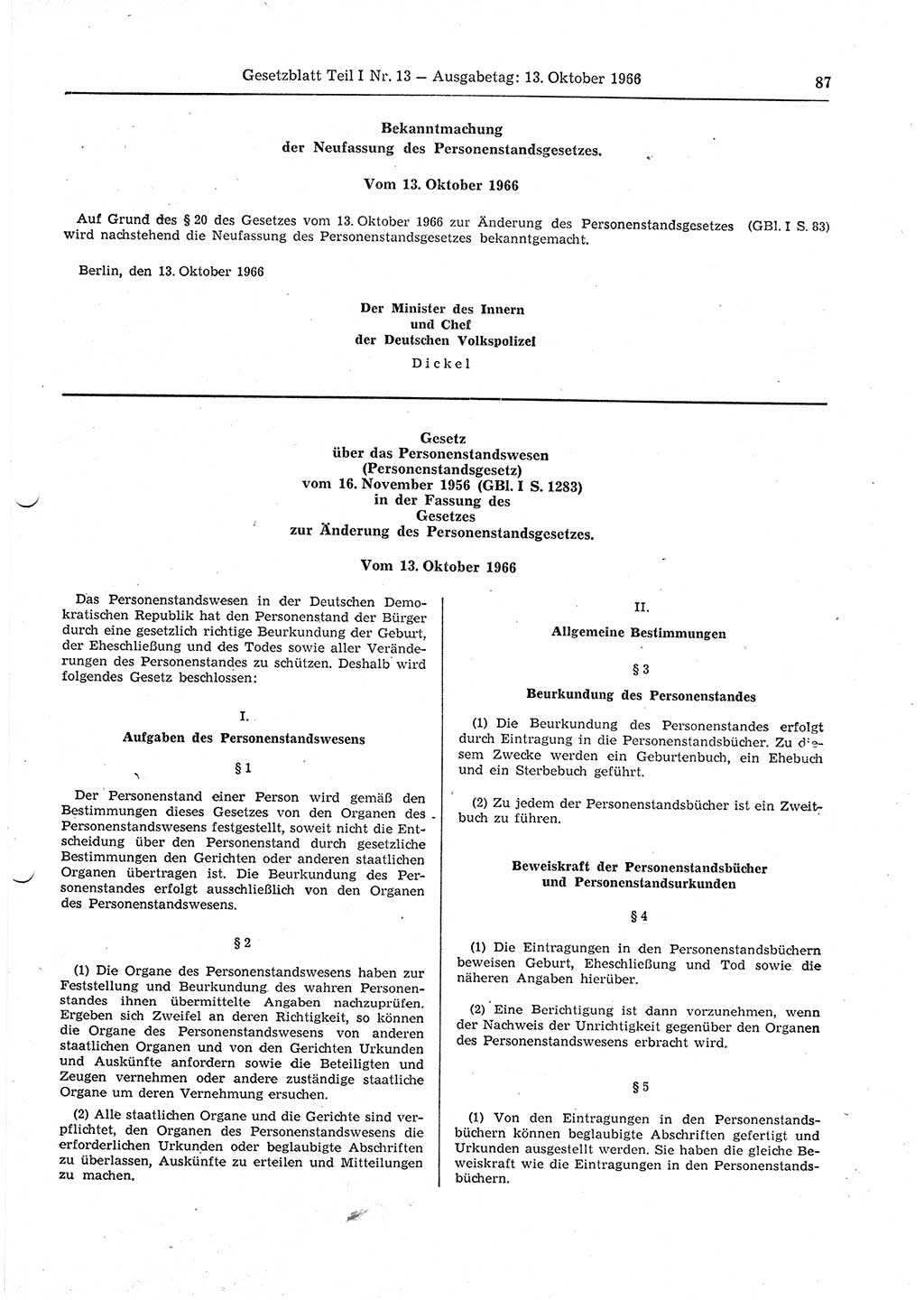 Gesetzblatt (GBl.) der Deutschen Demokratischen Republik (DDR) Teil Ⅰ 1966, Seite 87 (GBl. DDR Ⅰ 1966, S. 87)