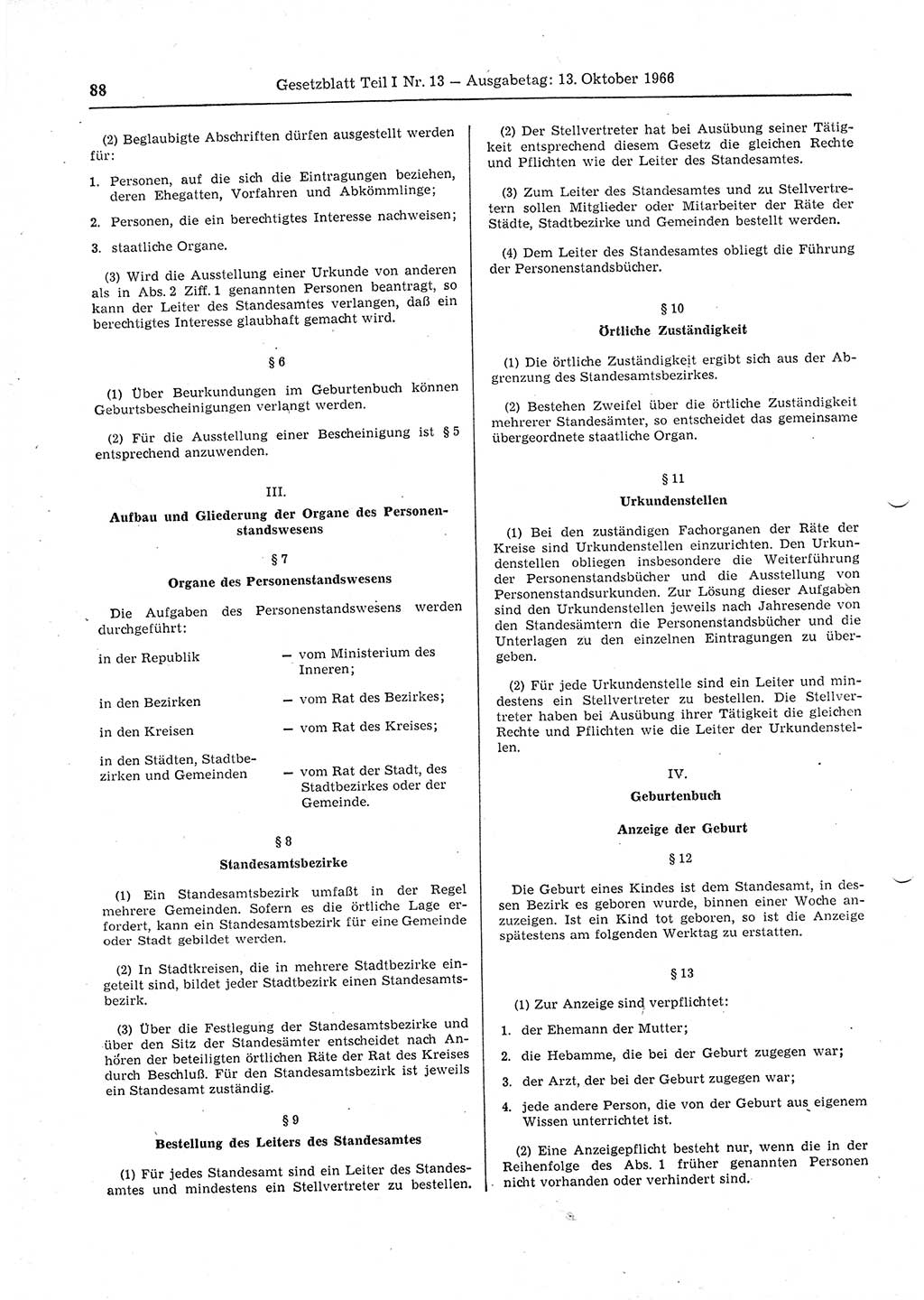 Gesetzblatt (GBl.) der Deutschen Demokratischen Republik (DDR) Teil Ⅰ 1966, Seite 88 (GBl. DDR Ⅰ 1966, S. 88)