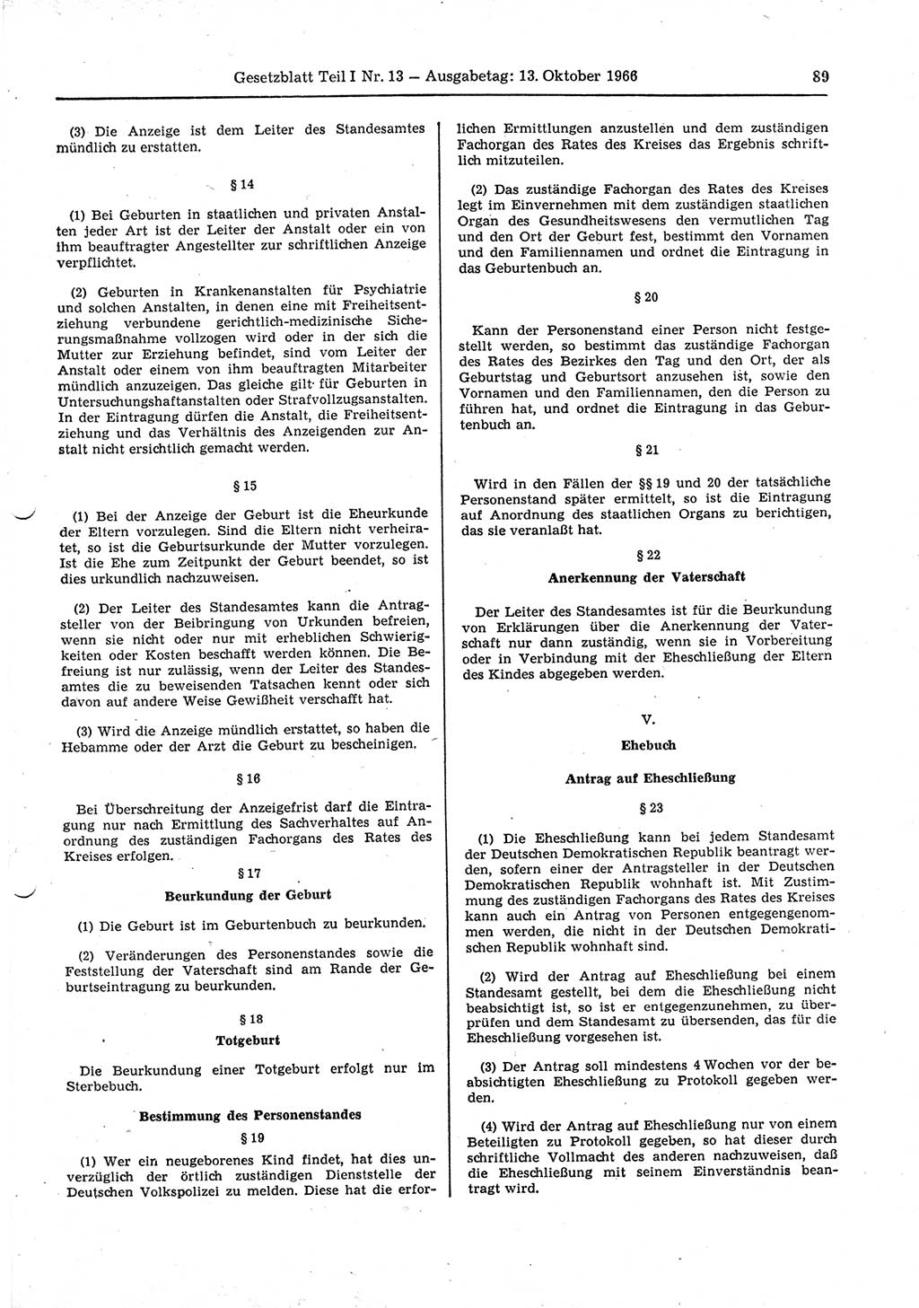 Gesetzblatt (GBl.) der Deutschen Demokratischen Republik (DDR) Teil Ⅰ 1966, Seite 89 (GBl. DDR Ⅰ 1966, S. 89)