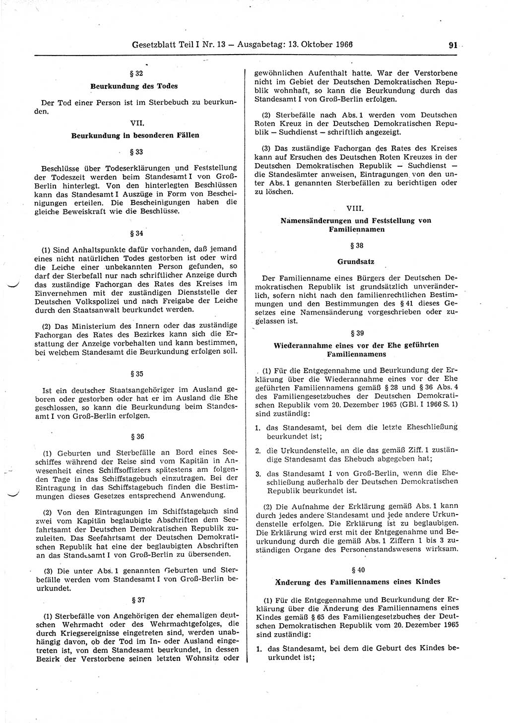 Gesetzblatt (GBl.) der Deutschen Demokratischen Republik (DDR) Teil Ⅰ 1966, Seite 91 (GBl. DDR Ⅰ 1966, S. 91)