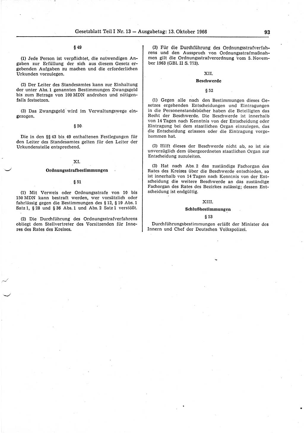 Gesetzblatt (GBl.) der Deutschen Demokratischen Republik (DDR) Teil Ⅰ 1966, Seite 93 (GBl. DDR Ⅰ 1966, S. 93)