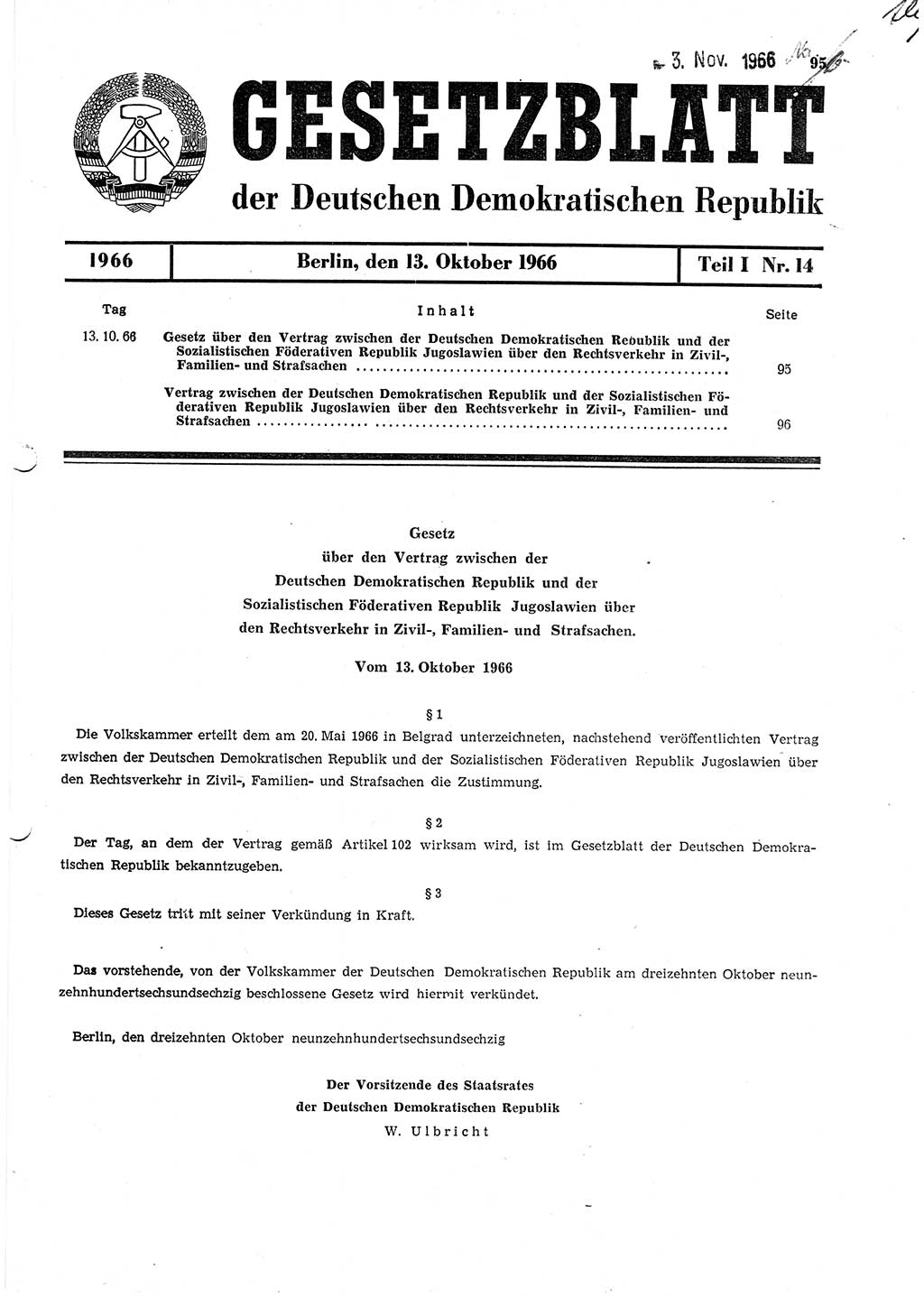 Gesetzblatt (GBl.) der Deutschen Demokratischen Republik (DDR) Teil Ⅰ 1966, Seite 95 (GBl. DDR Ⅰ 1966, S. 95)