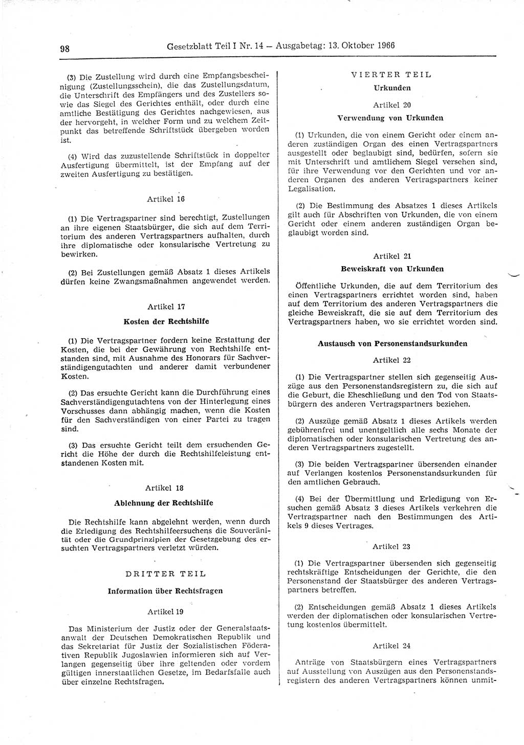 Gesetzblatt (GBl.) der Deutschen Demokratischen Republik (DDR) Teil Ⅰ 1966, Seite 98 (GBl. DDR Ⅰ 1966, S. 98)